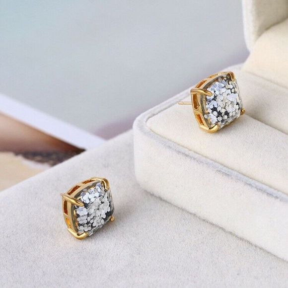 Kate Spade Glitter Square Stud Earrings - Small SILVER  with Dust Bag - Picture 3 of 7